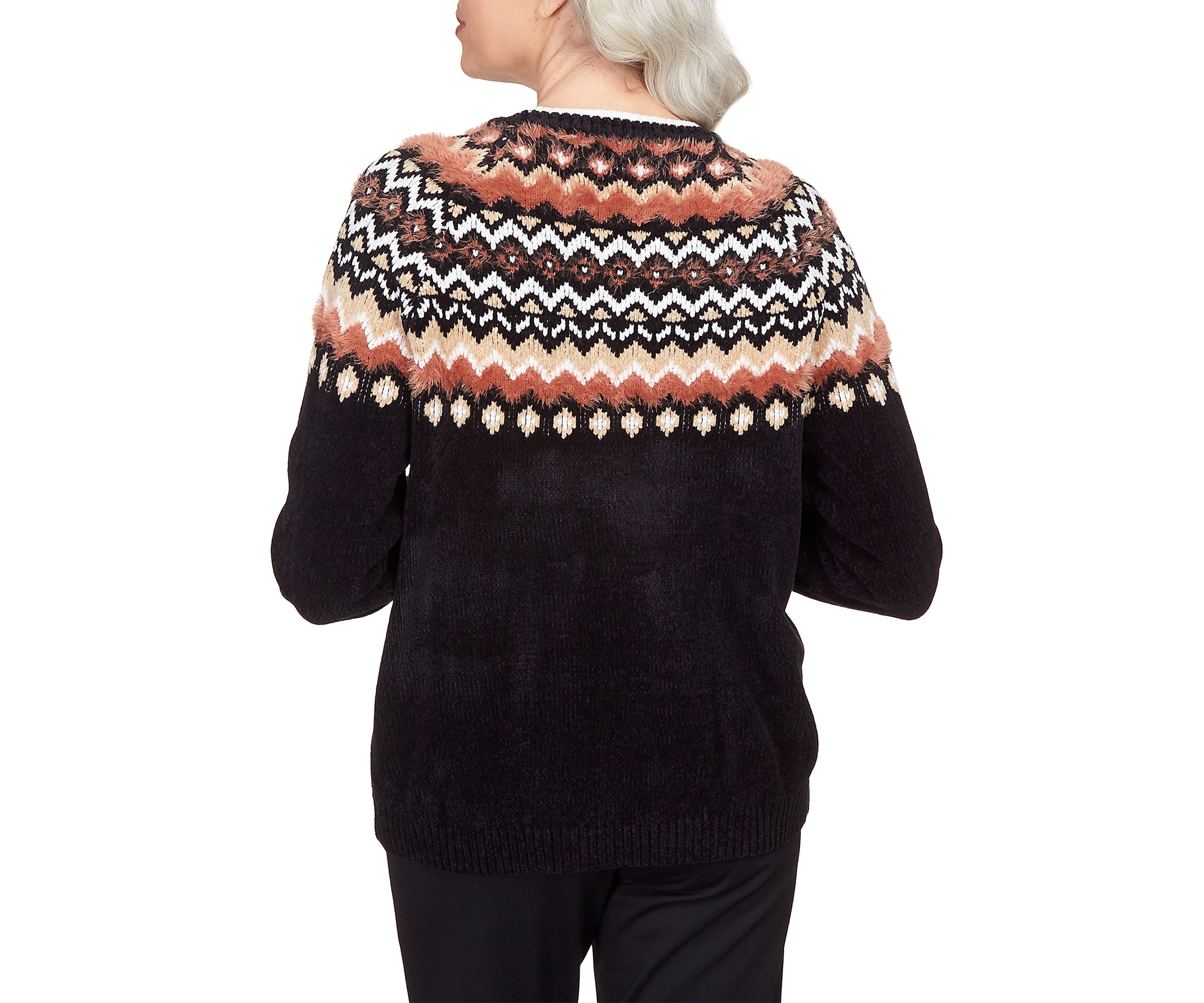 Womens Park Place Black Cozy Fair Isle Crew Neck Sweater