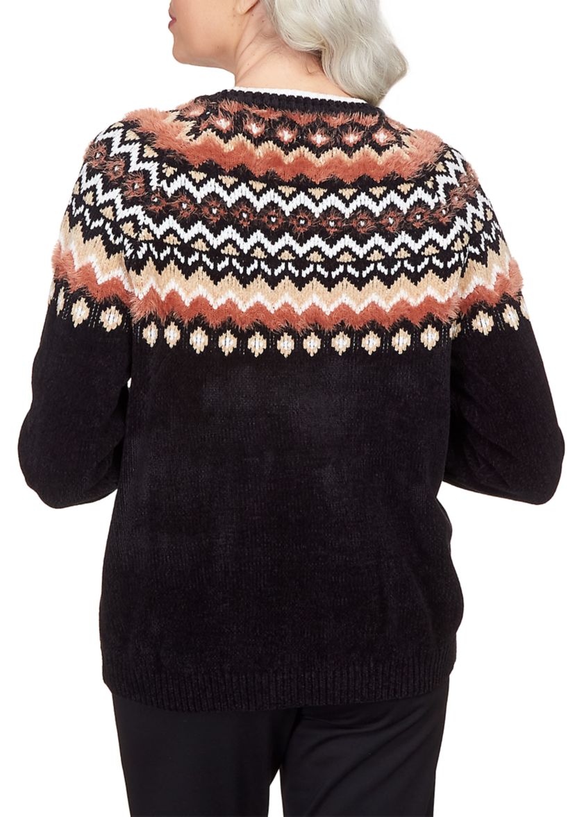 Womens Park Place Black Cozy Fair Isle Crew Neck Sweater