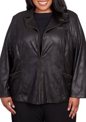 Final Sale Plus Size Faux Leather Jacket in Black with Silver Accents