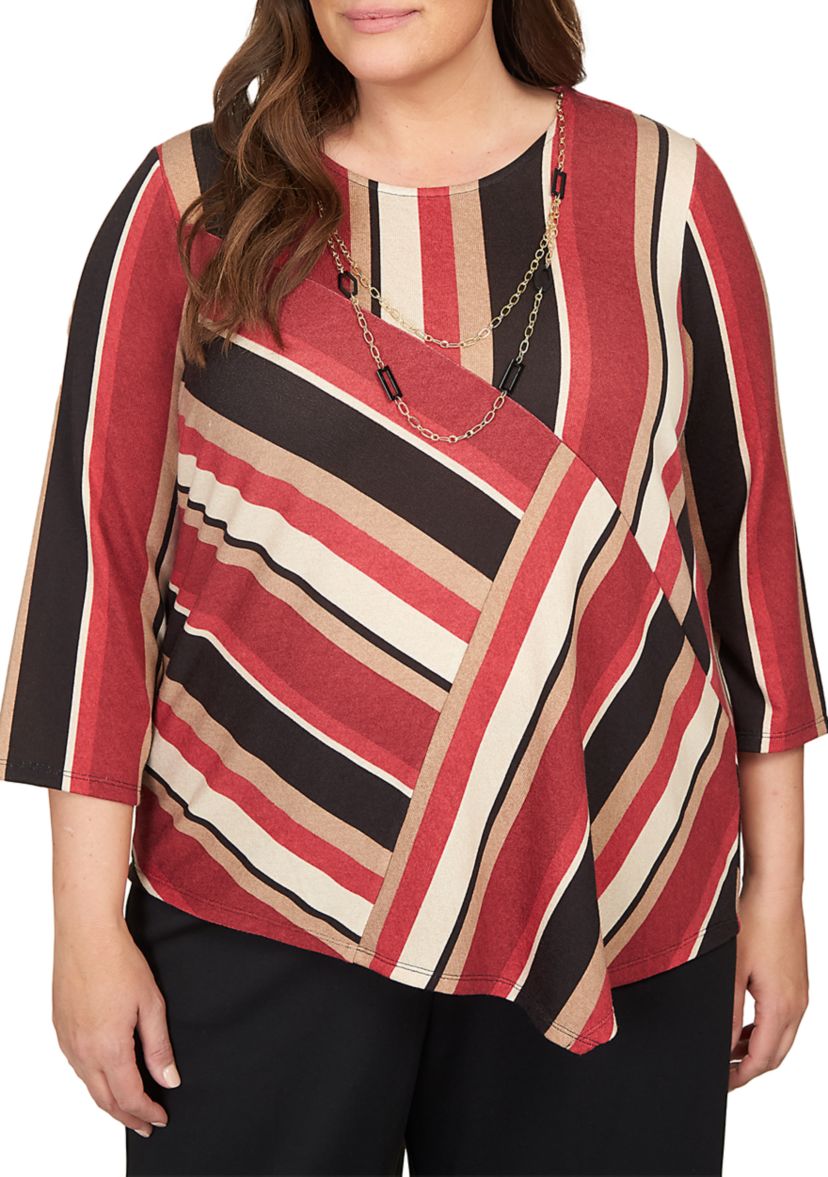 Plus Size Spliced Stripe Asymmetric Hem Top 