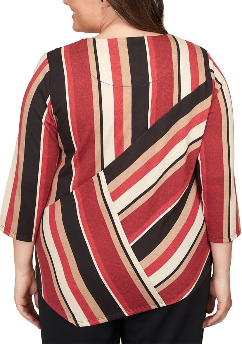 Plus Size Spliced Stripe Asymmetric Hem Top 