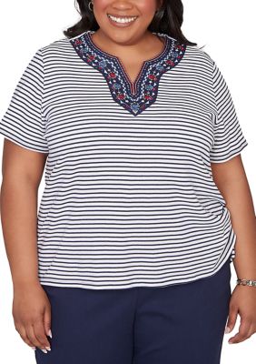 Alfred Dunner Women's Plus Size Lady Liberty Embroidered Yoke Stripe T-Shirt