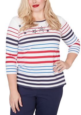 Alfred Dunner Women's Petite Lady Liberty Stars And Stripes Embroidery Top, PXL