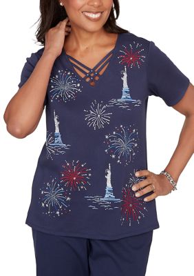 Alfred Dunner Women's Petite Lady Liberty Statue Of Liberty Fireworks T-Shirt
