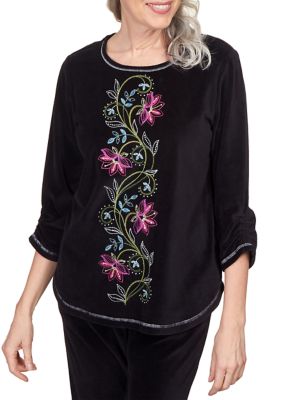 Women's Drama Queen Floral Embroidered Velour Shirttail Top