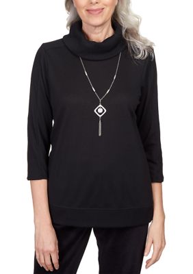 Women's Drama Queen Black Cowl Neck Top With Necklace