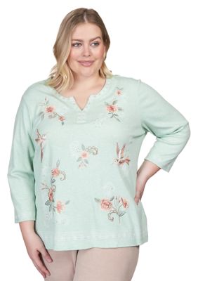 Plus Floral Hummingbird Embroidered Top