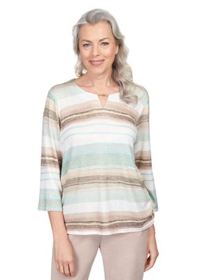 Petite St. Moritz Split Neck Watercolor Stripe Shimmer Top