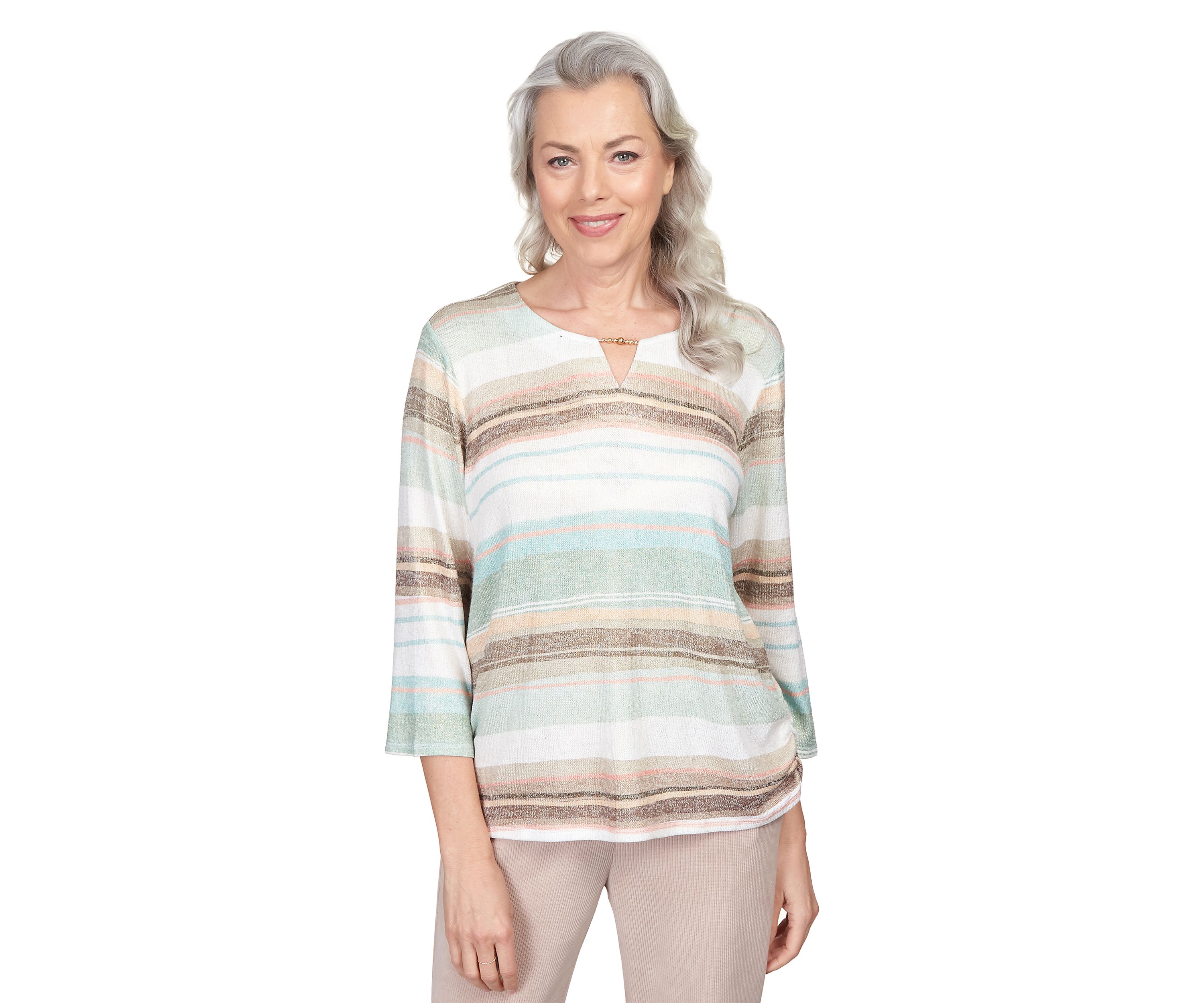 Petite St. Moritz Split Neck Watercolor Stripe Shimmer Top