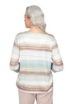 Petite St. Moritz Split Neck Watercolor Stripe Shimmer Top