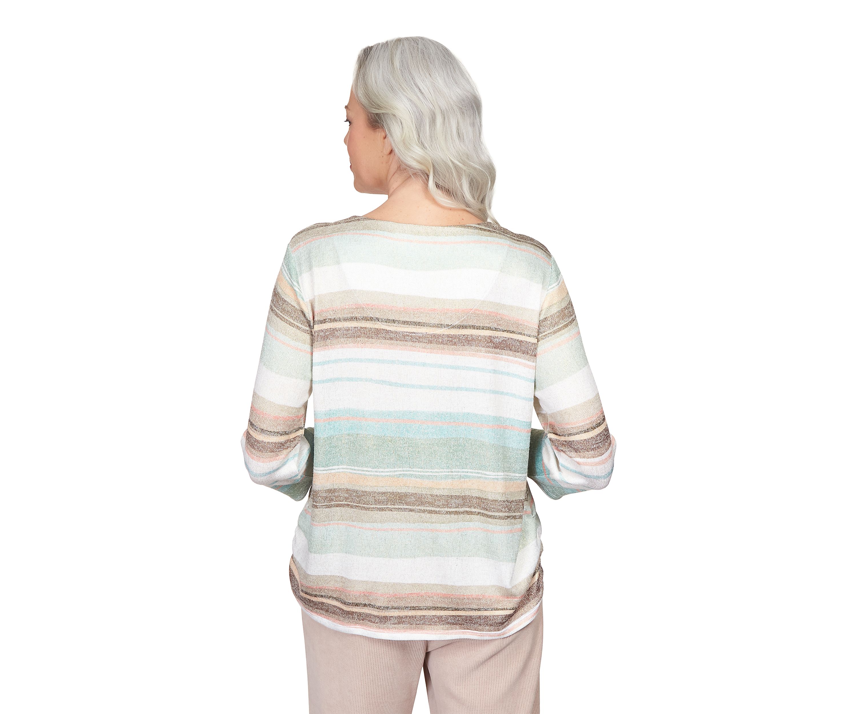 Petite St. Moritz Split Neck Watercolor Stripe Shimmer Top
