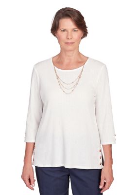 Petite St. Moritz Solid Knit Flutter Sleeve Top With Necklace