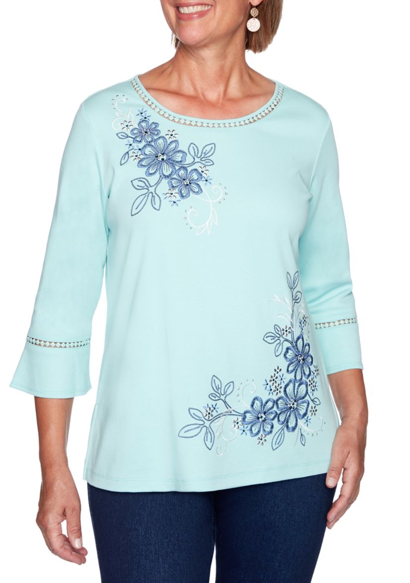 Petite Denim Friendly Asymmetrical Embroidered Floral Top