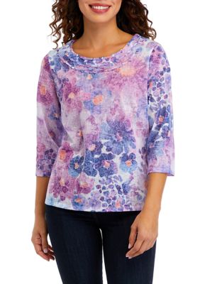 Petite Women's Moody V-Neck Watercolor Floral Top