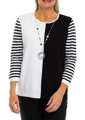 Women's Color Blocked Sweater with Striped Sleeves