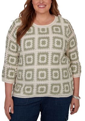 Alfred Dunner Women's Plus Size Crochet Boxes Top, Sage, 2XL