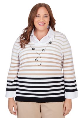 Plus Neutral Territory Stripe Top with Woven Trim