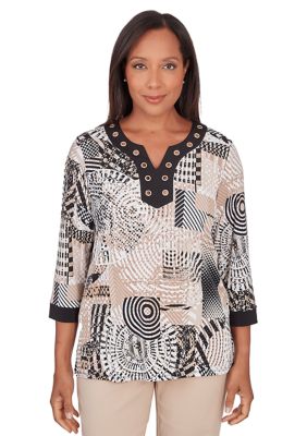 Petite Neutral Territory Geometric Grommet Top