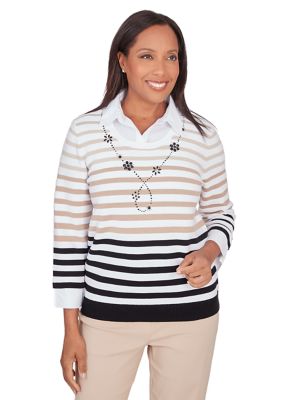Petite Neutral Territory Stripe 2Fer Sweater with Woven Trim