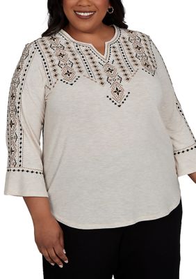 Alfred Dunner Women's Plus Size Travel Advisory Geometric Embroidery Top, 3XL