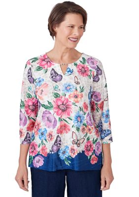 Women's Full Bloom Floral Butterfly Border Top