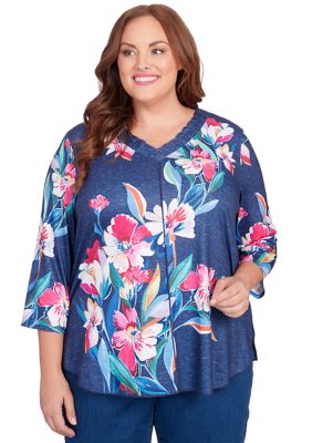 Alfred Dunner Women's Plus Size In Full Bloom Placed Floral Top, Navy Blue, 3X