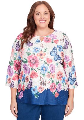 Plus Full Bloom Floral Butterfly Border Top