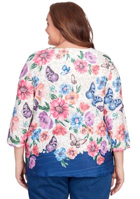 Plus Full Bloom Floral Butterfly Border Top