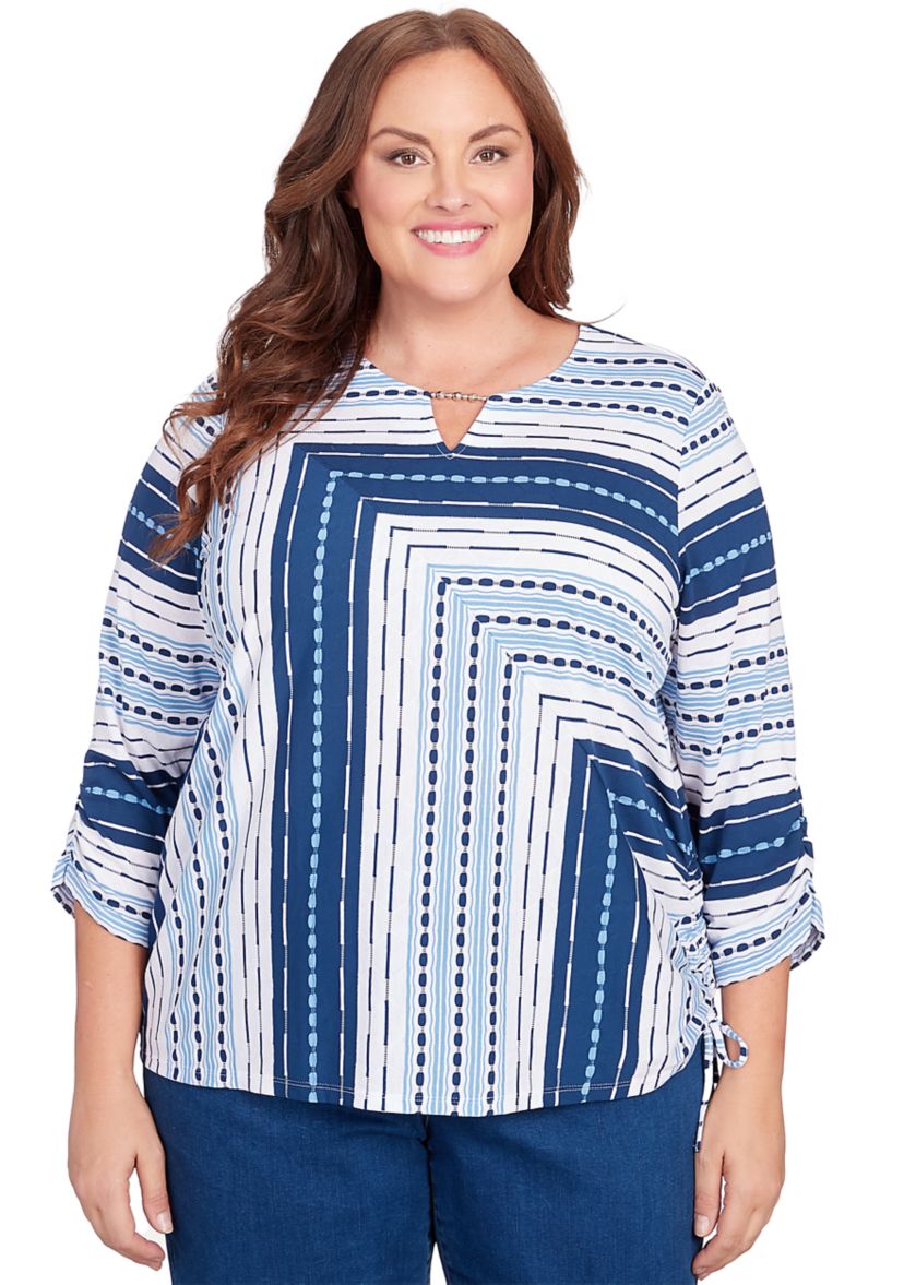 Plus Size In Full Bloom Spliced Texture Stripe Top