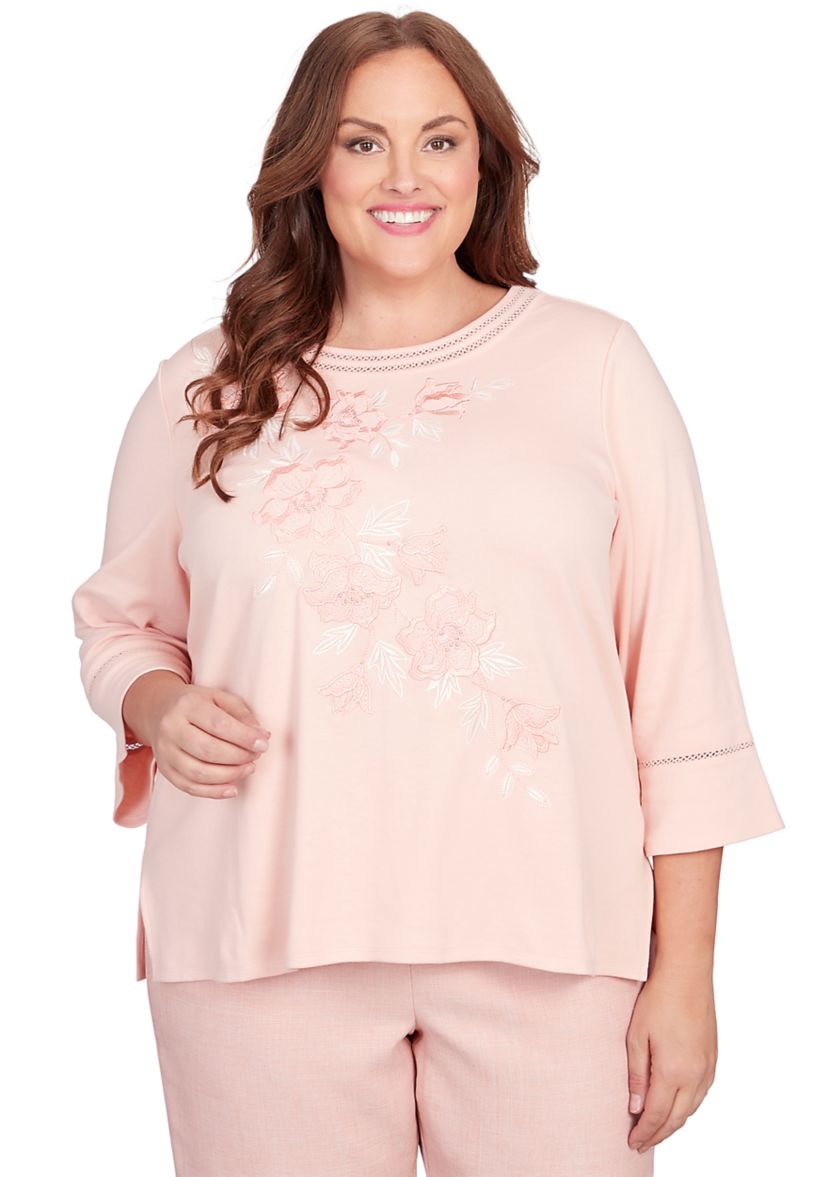 Plus Size English Garden Asymmetric Floral Embroidered Top