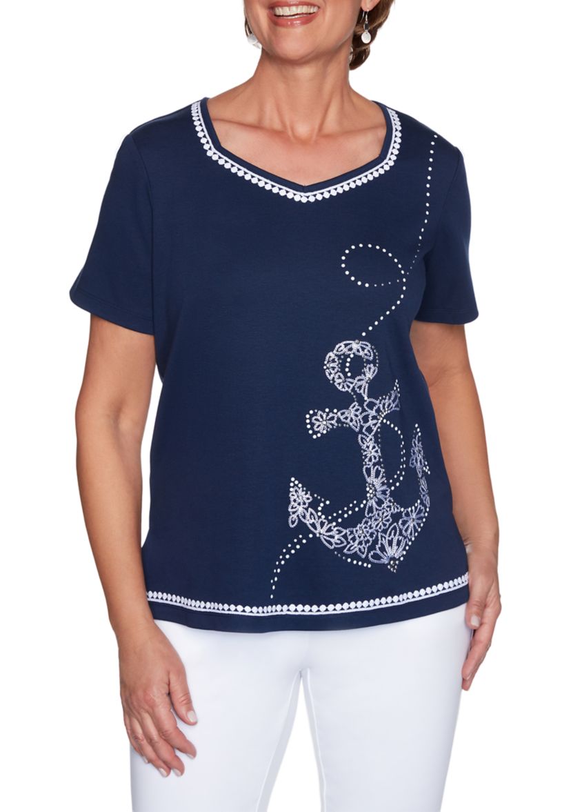Womens Anchors Away Dot Embroidery Knit Top 