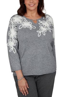 Alfred Dunner Women's Plus Size Regent Street Soutache Floral Yoke Sweater, Grey, 1X