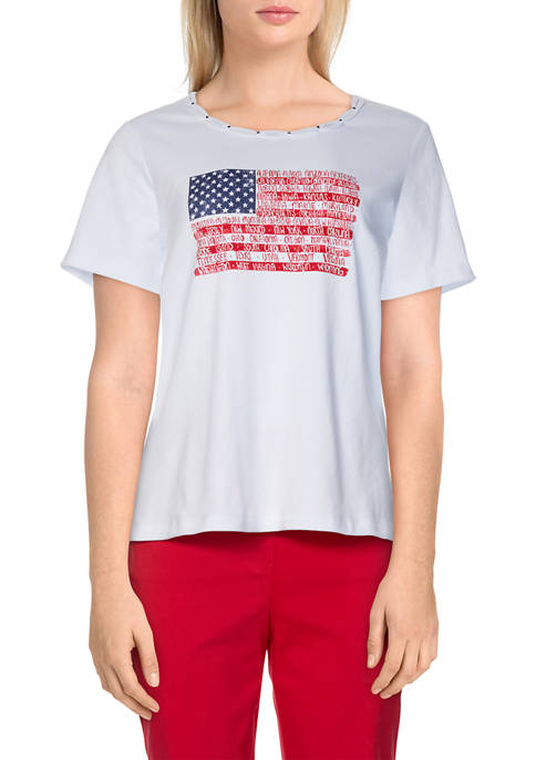 Alfred Dunner Womens Short Sleeve American Flag Graphic