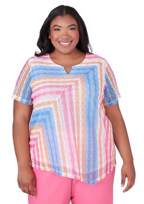 Alfred Dunner Women's Plus Size Paradise Island Texture Spliced Stripe Top