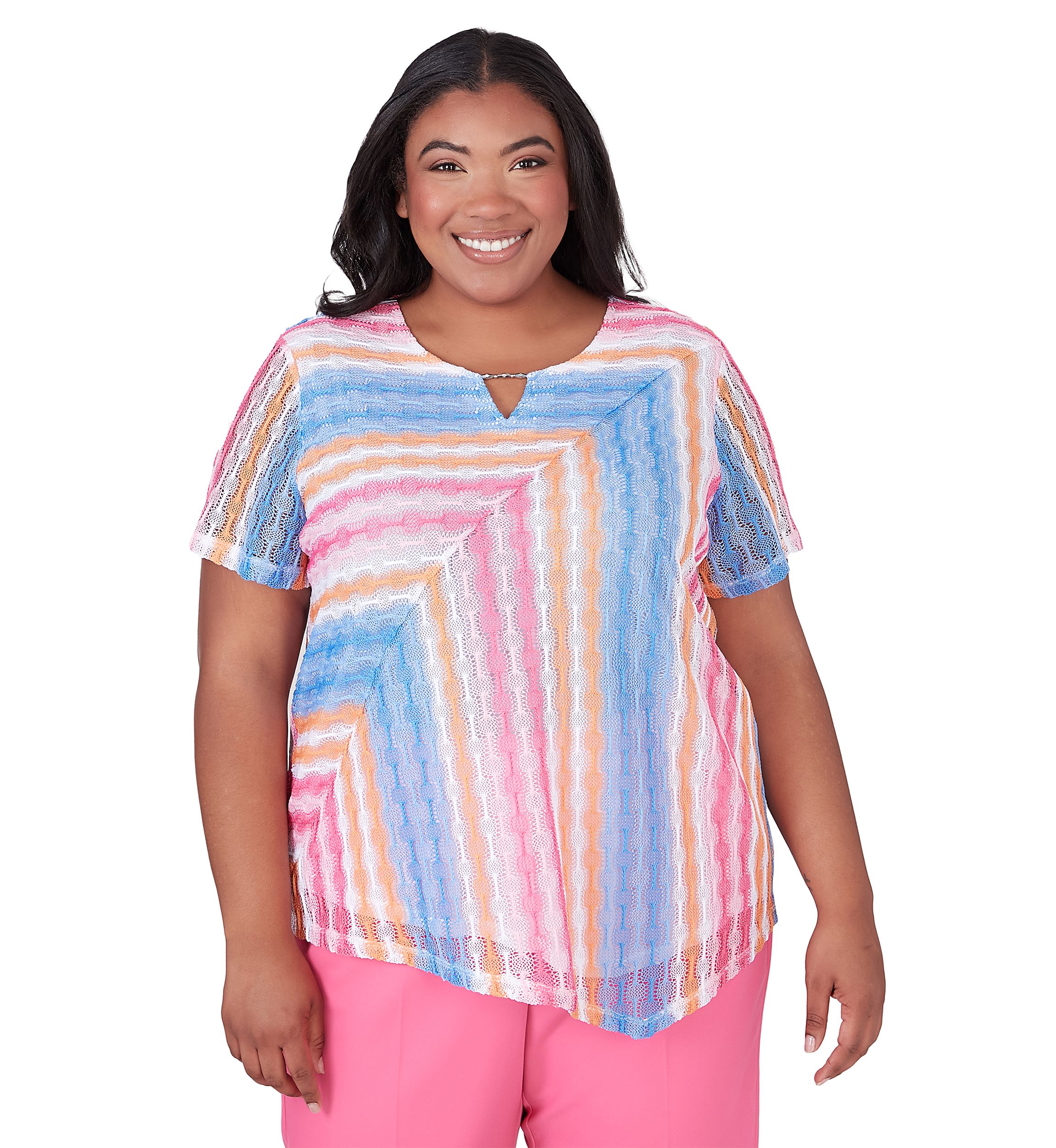 Plus Size Paradise Island Texture Spliced Stripe Top
