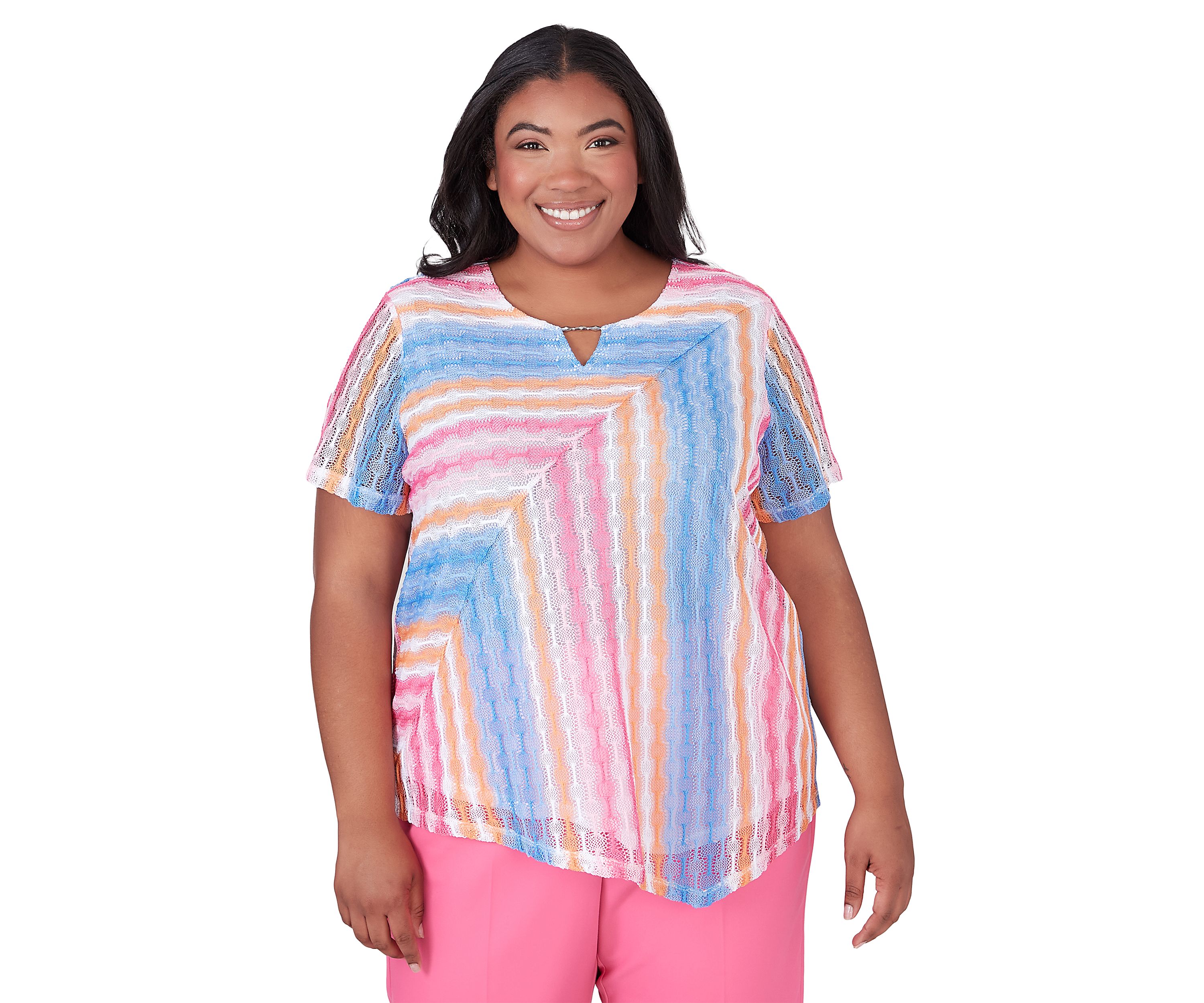 Plus Size Paradise Island Texture Spliced Stripe Top