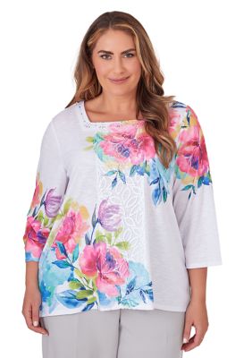 Plus Paradise Island Asymmetric Flower Center Lace Top