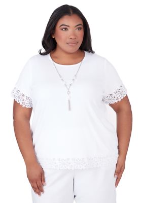 Alfred Dunner Women's Plus-Size Floral Lace Two-for-One Shirt with Necklace  : : Clothing, Shoes & Accessories