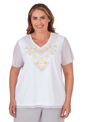 Plus Charleston Yoke Embroidery Lace Trim Top