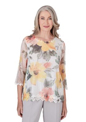 Petite Charleston Watercolor Floral Mesh Top