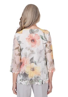 Petite Charleston Watercolor Floral Mesh Top