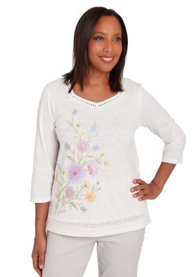 Women's Garden Party Floral Embroidery Top with Lace Inset