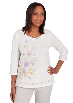 Petite Garden Party Floral Embroidery Top with Lace Inset