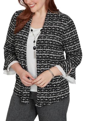 Alfred Dunner Women's Dinner Theater Mini Texture Two In One Top, Black, XL