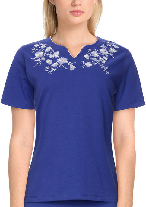 Womens Short Sleeve Embroidered Split Neck Top
