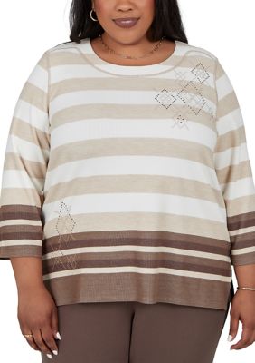 Alfred Dunner Women's Plus Size Luxe Be a Lady Stripe with Diamond Heat Set Top, 3XL