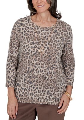 Alfred Dunner Women's Petite Luxe Be A Lady Animal Top
