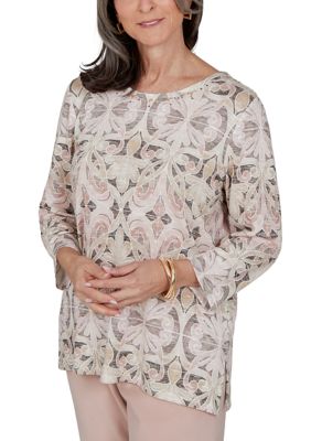 Alfred Dunner Women's Petite Luxe Be A Lady Ombré Geo Medallion Top