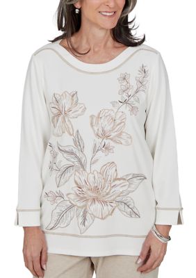 Alfred Dunner Women's Petite Luxe Be A Lady Floral Embroidery Sweater