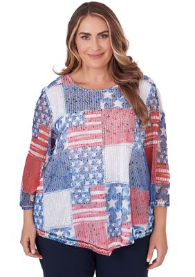 Plus All American Flag Patchwork Mesh Top